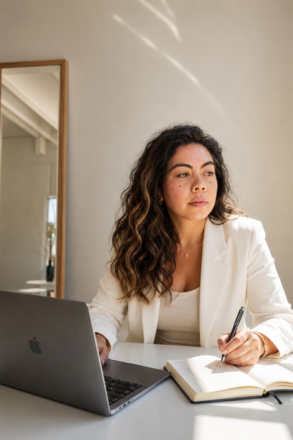Camila Pakarati trabajando en su escritorio